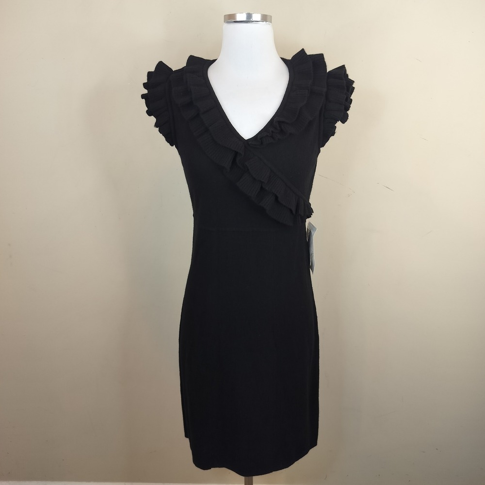 Chelsea & Theodore Ruffled Cashmere Sweater Dress Medium Chic Cozy Soft Black